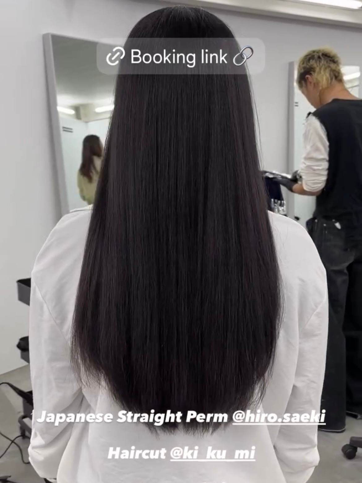 efore and after comparison of a Japanese straight perm on thick dark hair, showing a mirror-like glass hair finish