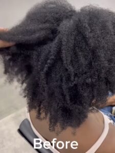 efore and after comparison of a Japanese straight perm on thick dark hair, showing a mirror-like glass hair finish